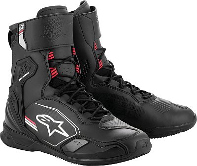 Black and grey short boots with light red accents, featuring a lace-up front, padded collar, and Alpinestars logo, size 8.5 US.