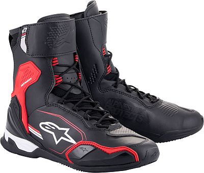 Black, white, and red Alpinestars Superfaster motorcycle shoes for men, size 44, featuring a sleek design, reinforced ankle support, and a durable rubber sole for enhanced grip.