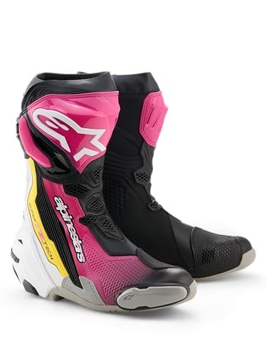 Black, pink, white, and yellow Alpinestars Supertech R boots featuring a sleek design, textured material, and reinforced areas for enhanced protection, size 44 EU.