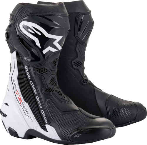 Black and white Alpinestars Supertech R men's motorcycle boots featuring a sleek design, reinforced toe, and textured grip areas, size 45 EUR.
