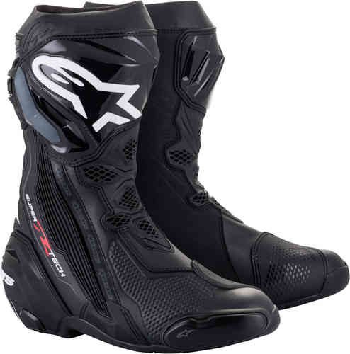Black Alpinestars Supertech R motorcycle boots size 47 (UK 13) featuring a sleek design, textured material, reinforced toe, and prominent logo detailing.