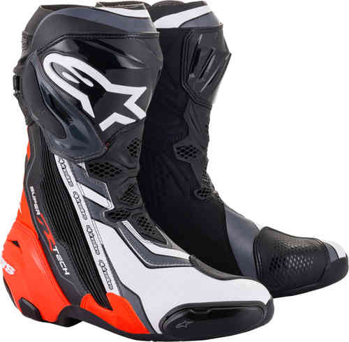 Alpinestars Supertech R boots in black, neon red, white, and grey, featuring a sleek design, reinforced toe, and high-traction sole, size 40 EU.