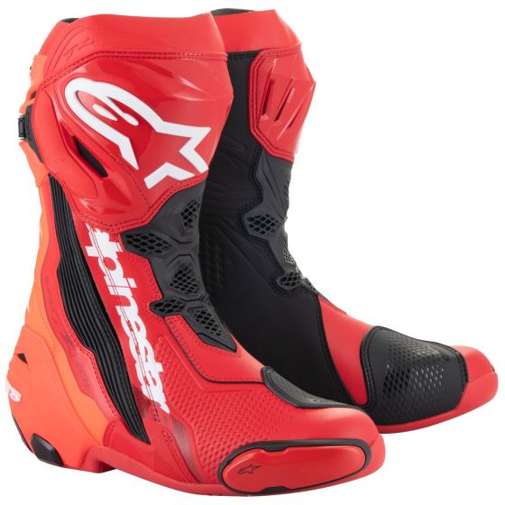 Light red and neon red racing boots with black accents, featuring a sleek design, protective materials, and Alpinestars branding, sized 42 EU.