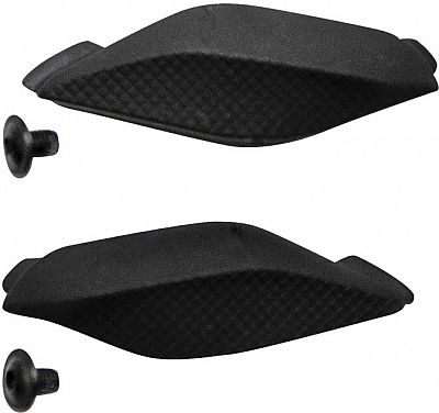 Black Alpinestars Supertech R shin sliders made of durable material, featuring a textured surface for grip, accompanied by two mounting screws.