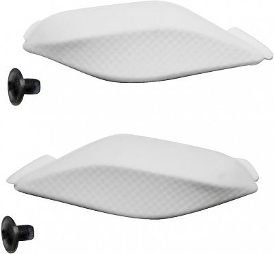 White Alpinestars Supertech R shin sliders with a textured surface, featuring two pieces and accompanying black mounting screws for attachment.