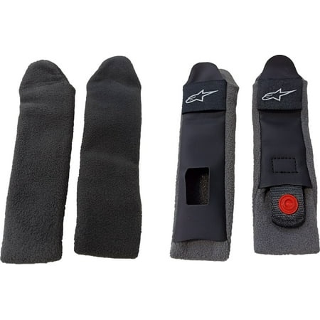Grey chinstrap padding for Alpinestars Supertech S-R10, featuring soft fleece material and a secure fastening system with a red button for easy adjustment.