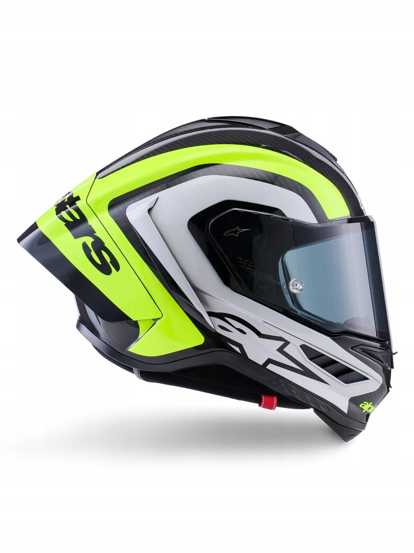 Yellow fluo and black carbon motorcycle helmet with a sleek design, featuring a tinted visor, aerodynamic shape, and prominent Alpinestars branding.