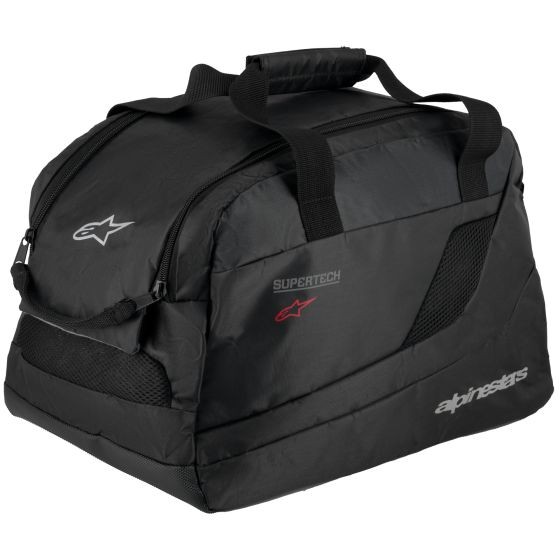 Black Alpinestars Supertech S-R10 helmet bag featuring durable material, dual handles, mesh side panels, and prominent branding with "SUPERTECH" and "alpinestars" logos.