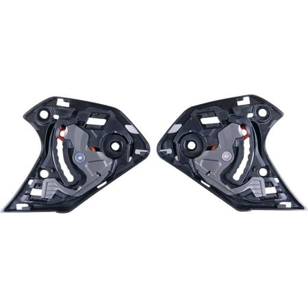 Black and gray plastic shield mechanism kit with orange accents, featuring a dual-sided design for Alpinestars Supertech S-R10, highlighting its adjustable and durable components.