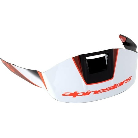 White and red Alpinestars Supertech S-R10 Team spoiler, featuring a sleek design with a prominent logo and a cut-out section for visibility, made from durable material.