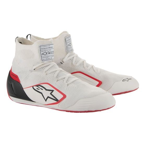 Alpinestars Supertech Race Boots in white, red, and black, featuring a sleek design, high-top style, and prominent logo, size UK 9.5 / EUR 44.