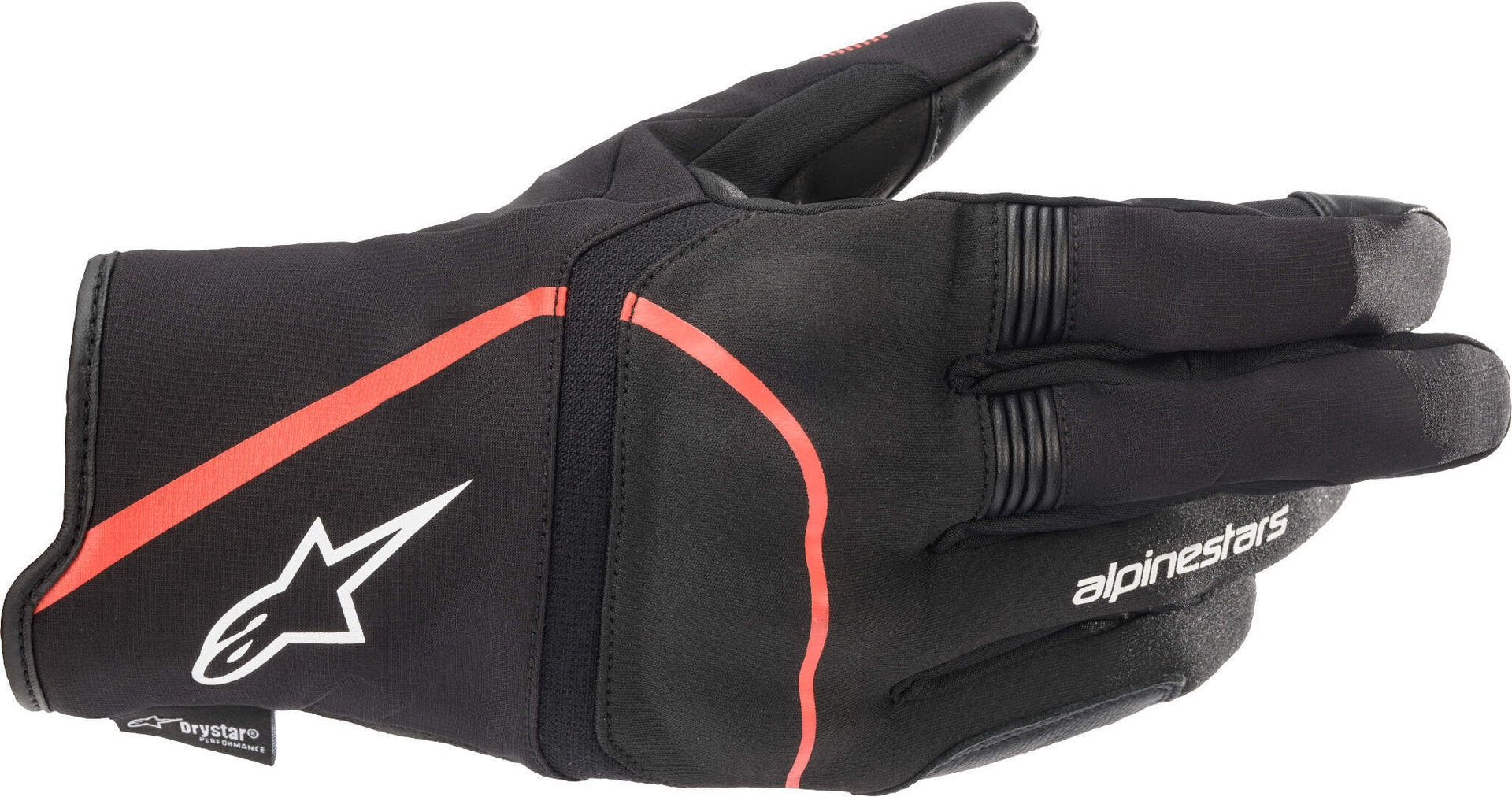Black and red fluo motorcycle gloves made from durable material, featuring a sleek design, reinforced knuckles, and the Alpinestars logo prominently displayed.