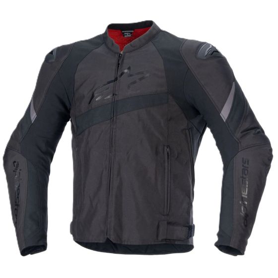 Black textile motorcycle jacket with a sleek design, featuring Alpinestars logo, zippered front, and reflective details, sized XXL.