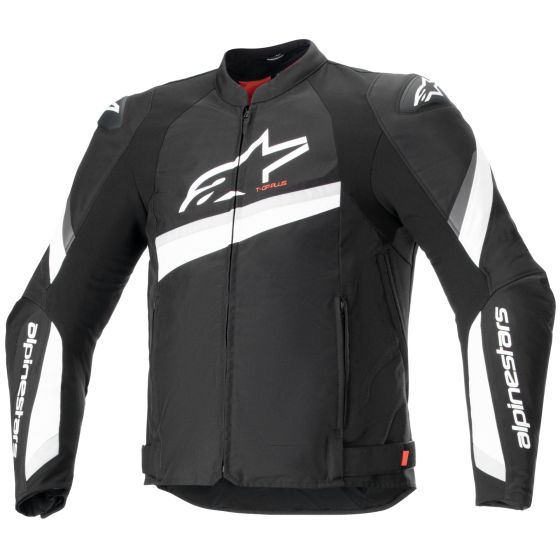Black and white Alpinestars T-GP Plus R V4 textile jacket in size 3XL, featuring a sleek design, zip closure, and prominent branding on the sleeves and chest.