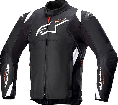 Black and white Alpinestars T-SP 1 V2 textile jacket, size L, featuring waterproof material, a sleek design, and prominent logo detailing on the front and sleeves.