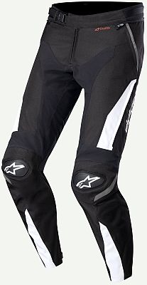 Black and white Alpinestars T-SP R Drystar waterproof motorcycle textile pants, featuring knee protectors, a sleek design, and a size label of 4XL for men.