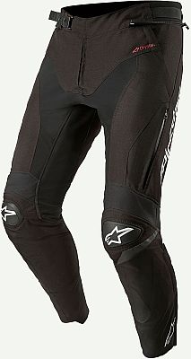 Black waterproof motorcycle textile pants featuring Alpinestars branding, reinforced knee protection, and adjustable waist, designed for men in size M.