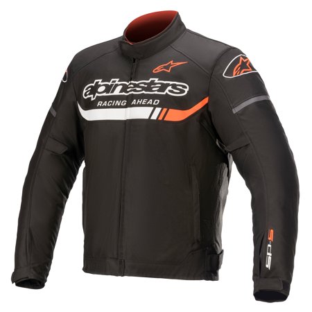 Black and white textile jacket with neon-red accents, featuring Alpinestars branding, waterproof material, and a sporty design, available in size XL.