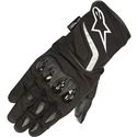 Black motorcycle gloves featuring Drystar technology, protective knuckle armor, a sleek design, and Alpinestars logo on the wrist.