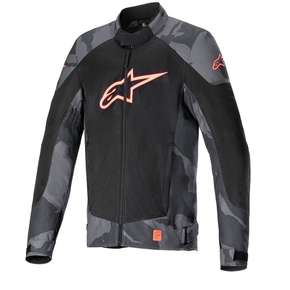 Black and grey textile jacket with neon-red accents, featuring a zip front, camouflage pattern, and Alpinestars logo, designed for comfort and protection, size XXL.