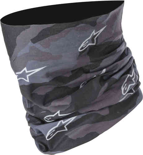 Multifunctional headwear in a dark camouflage pattern featuring Alpinestars logos, made from stretchy, breathable material suitable for various outdoor activities.