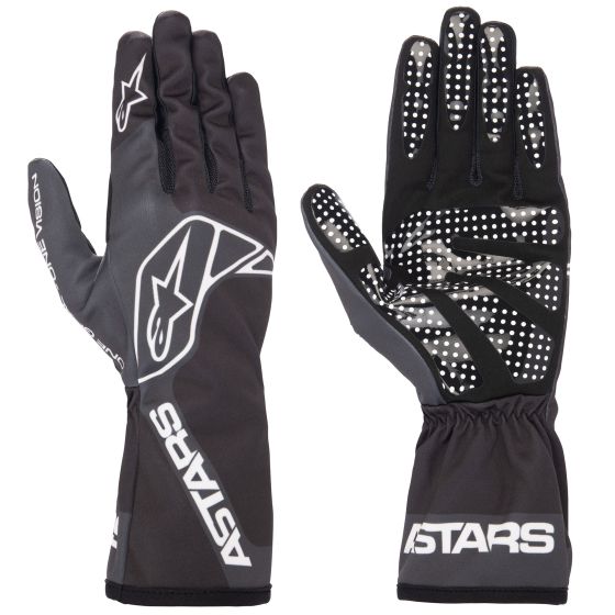 Black and tar grey Alpinestars Tech 1-K Race V2 kart gloves in XXL, featuring a sleek design, silicone grip patterns, and elastic cuffs for a secure fit.