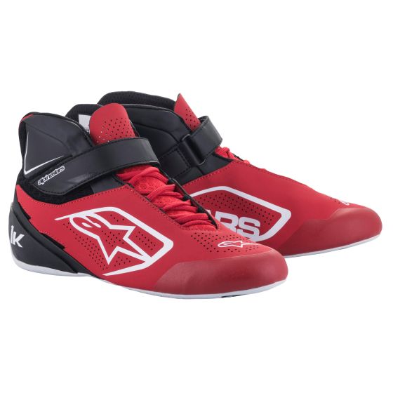 Red, black, and white Alpinestars Tech 1-K V2 kart boots featuring a sleek design, breathable mesh panels, and a secure strap closure, sized UK 9 / EUR 43.