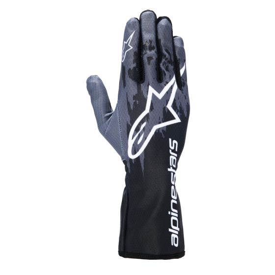 Black and anthracite kart gloves featuring a sleek design, textured grip, and prominent Alpinestars logo, sized XXL for optimal fit and performance.