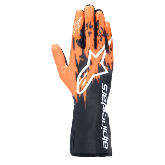 Black, orange, and white Alpinestars Tech 1-K V3 kart gloves in size XXL, featuring a sleek design with a prominent logo and textured grip for enhanced performance.