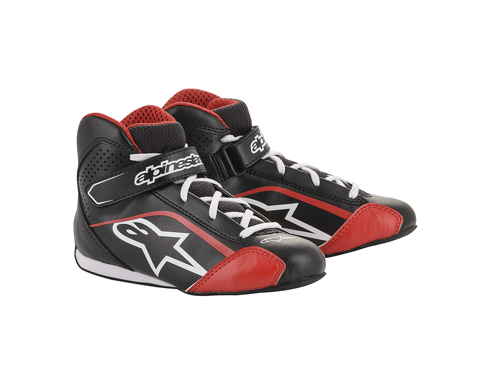 Black, white, and red Alpinestars Tech 1-KS kids kart boots featuring a high-top design, lace-up front, and padded collar for comfort, size UK Childs 12.5 / EUR 32.