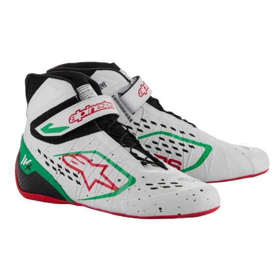 Alpinestars Tech 1-KX V3 kart boots in white with green and red accents, featuring a sleek design, perforated material for breathability, and a high-top style for ankle support, size UK 9.5/Eur 44.