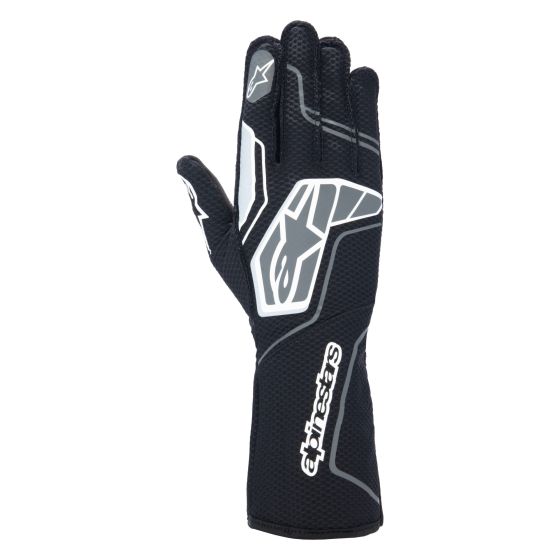 Black and anthracite Alpinestars Tech 1-KX V4 kart gloves in size XL, featuring a breathable mesh material, reinforced palm, and stylish logo detailing.