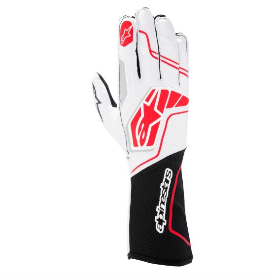Alpinestars Tech 1-KX V4 kart gloves in black, white, and red, featuring a breathable mesh material, reinforced palm, and a stylish logo design. Size XXL.