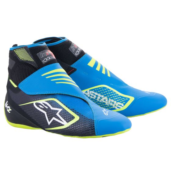 Black and blue kart boots featuring enamel blue and fluro yellow accents, a sleek design, and a high-top silhouette for ankle support, made from lightweight materials.