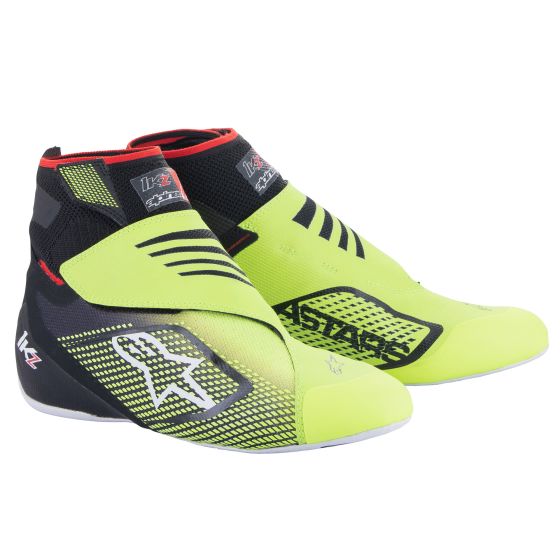Black and fluro yellow Alpinestars Tech 1-KZ V2 kart boots featuring a sleek design, reinforced toe, and breathable material, size UK 7 / EUR 40.5.