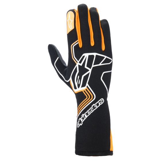 Black racing gloves with fluro orange accents, featuring a sleek design, reinforced palm, and Alpinestars logo, designed for enhanced grip and protection in motorsports.