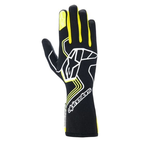 Black race gloves with fluro yellow accents, featuring a sleek design, reinforced palm, and Alpinestars logo, ideal for motorsport use. Size: M.