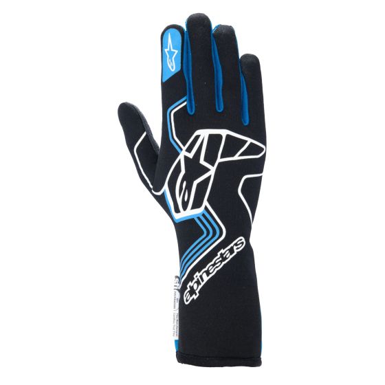 Alpinestars Tech 1 Race V4 gloves in black and blue, featuring a sleek design, reinforced palm, and breathable material, sized XL for optimal fit and performance.