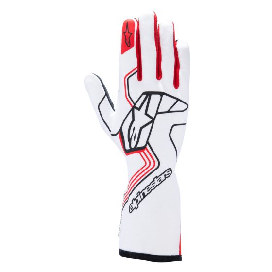 White and red Alpinestars Tech 1 Race V4 gloves, featuring a sleek design, reinforced stitching, and a prominent logo on the backhand, sized XXL.