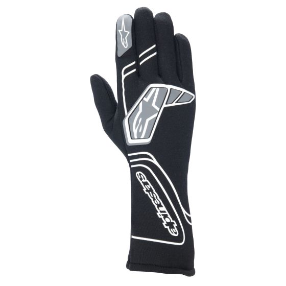 Black Alpinestars Tech 1 Start V4 race gloves in size M, featuring a sleek design with grey accents and reinforced areas for enhanced grip and protection.
