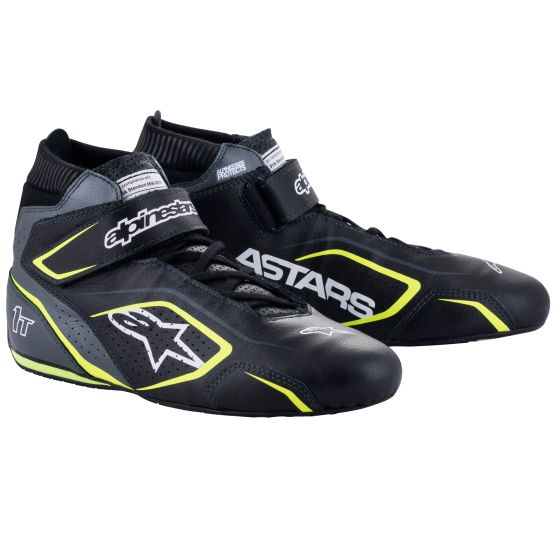 Alpinestars Tech 1-T V3 race boots in black, grey, and fluro yellow, featuring a sleek design, lace-up front, and reinforced toe for enhanced performance, size UK 8.5 / EUR 42.5.
