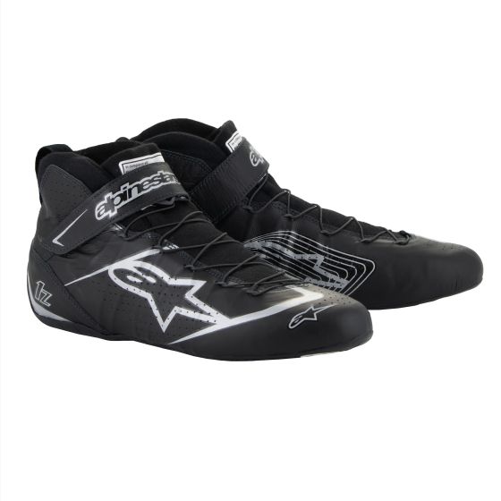 Black and silver Alpinestars Tech 1-Z V3 race boots, featuring a sleek design, lacing system, and reinforced toe for enhanced grip and support, size UK 9.5 / EUR 43.5.