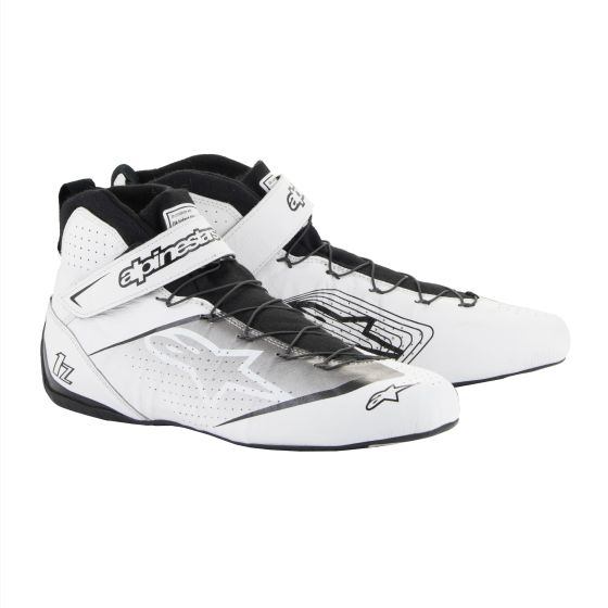 White and black Alpinestars Tech 1-Z V3 race boots, featuring a sleek design, lace-up front, and ankle support, size UK 9 / EUR 43, made for optimal performance.