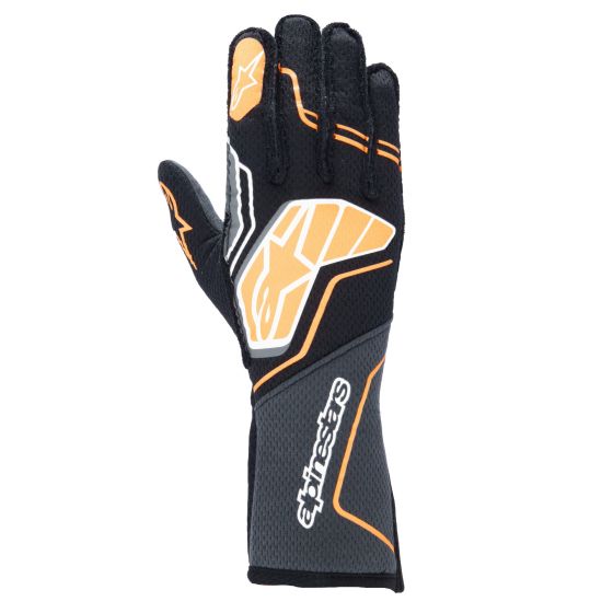 Black and fluro orange Alpinestars Tech 1-ZX V4 race gloves in size XL, featuring a sleek design, reinforced palm, and breathable material for optimal grip and comfort.