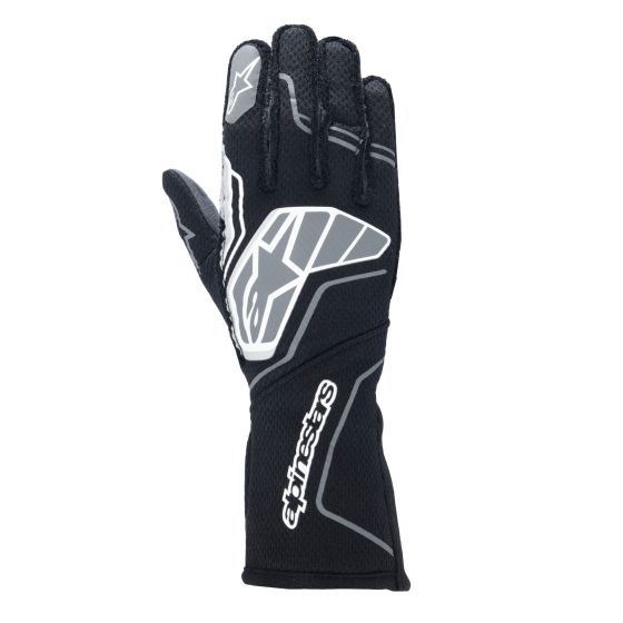 Black and anthracite Alpinestars Tech 1-ZX V4 race gloves in size XXL, featuring a breathable mesh material, reinforced palm, and sleek design with logo detailing.