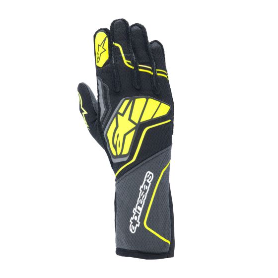 Alpinestars Tech 1-ZX V4 Race Gloves in tar grey, black, and fluro yellow, featuring a sleek design, padded knuckles, and breathable material, sized XXL.