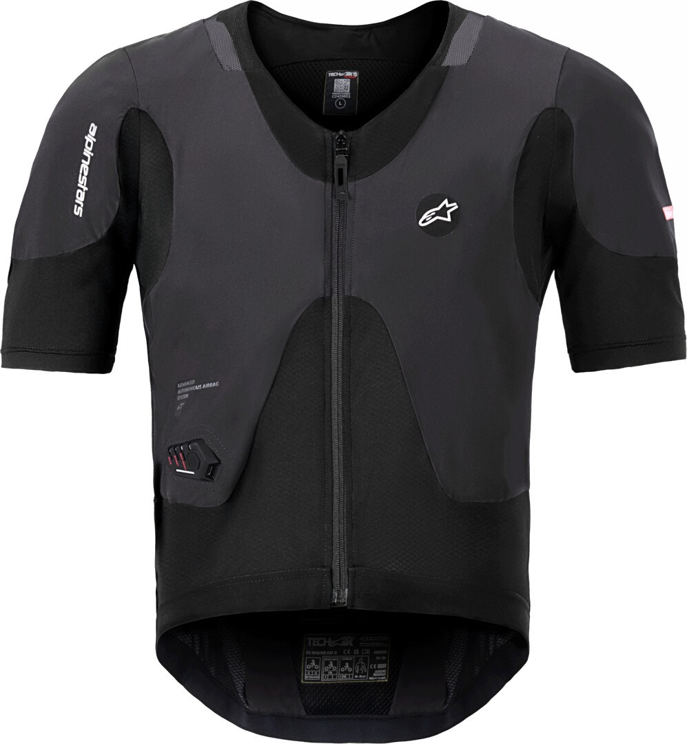 Black Alpinestars Tech-Air 5 Plasma airbag vest in size XL features a sleek design with short sleeves, a front zipper, and protective airbag technology for enhanced safety.