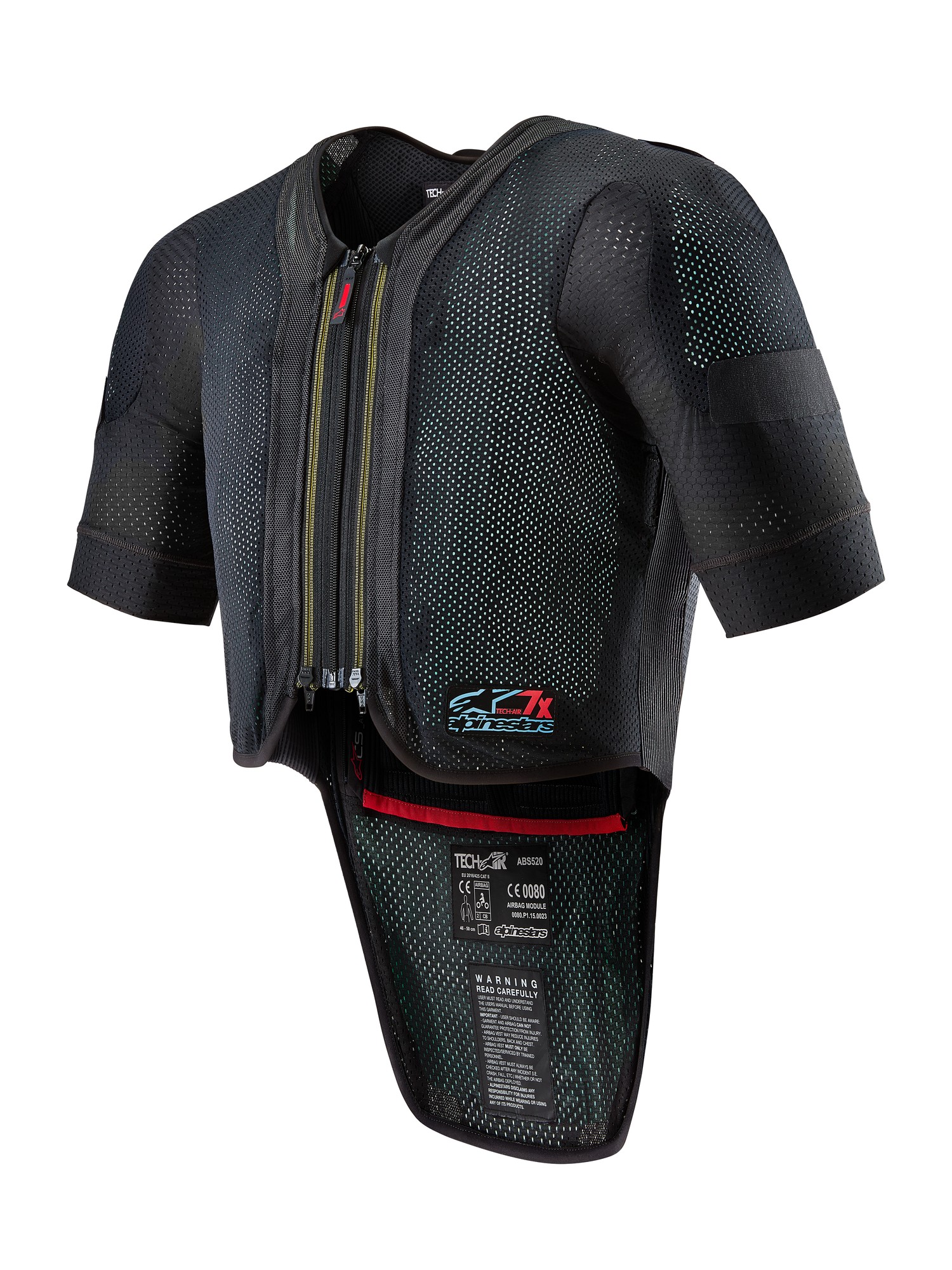 Black Alpinestars Tech-Air 7X Airbag Vest in size 2XL, featuring a breathable mesh material, short sleeves, and a front zipper with reflective detailing.