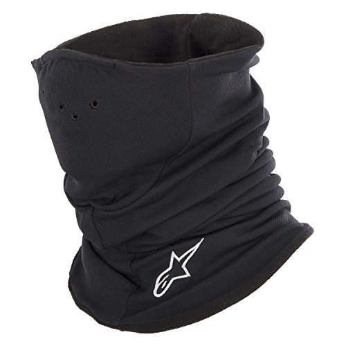 Black Alpinestars Tech neck warmer made from soft material, featuring a snug fit with gathered fabric and a white logo on the front, designed for versatile wear.