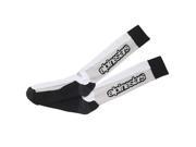 Black and white motorcycle socks featuring the Alpinestars logo, with a padded footbed and a breathable design for comfort and performance.